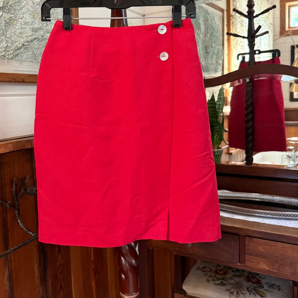 Vintage Talbots Red Linen Blend Wrap Skirt Size 4 (Modern XS / 0-2) Pencil Skirt